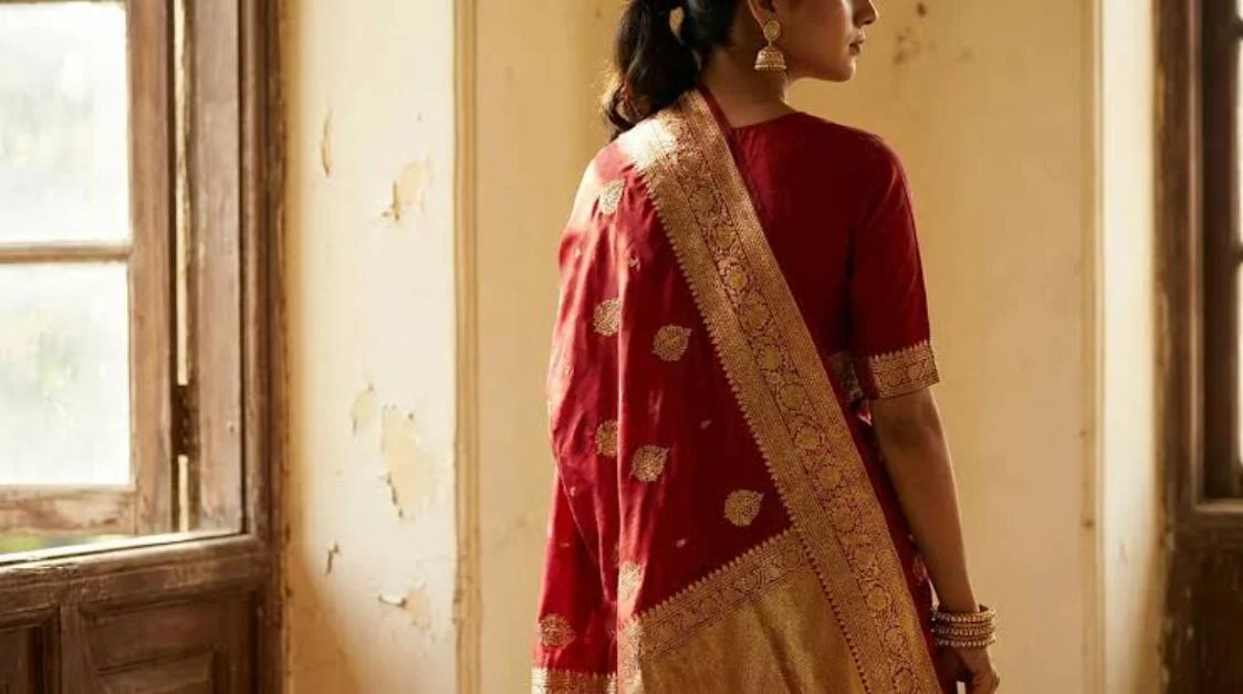 Red Saree Caption
